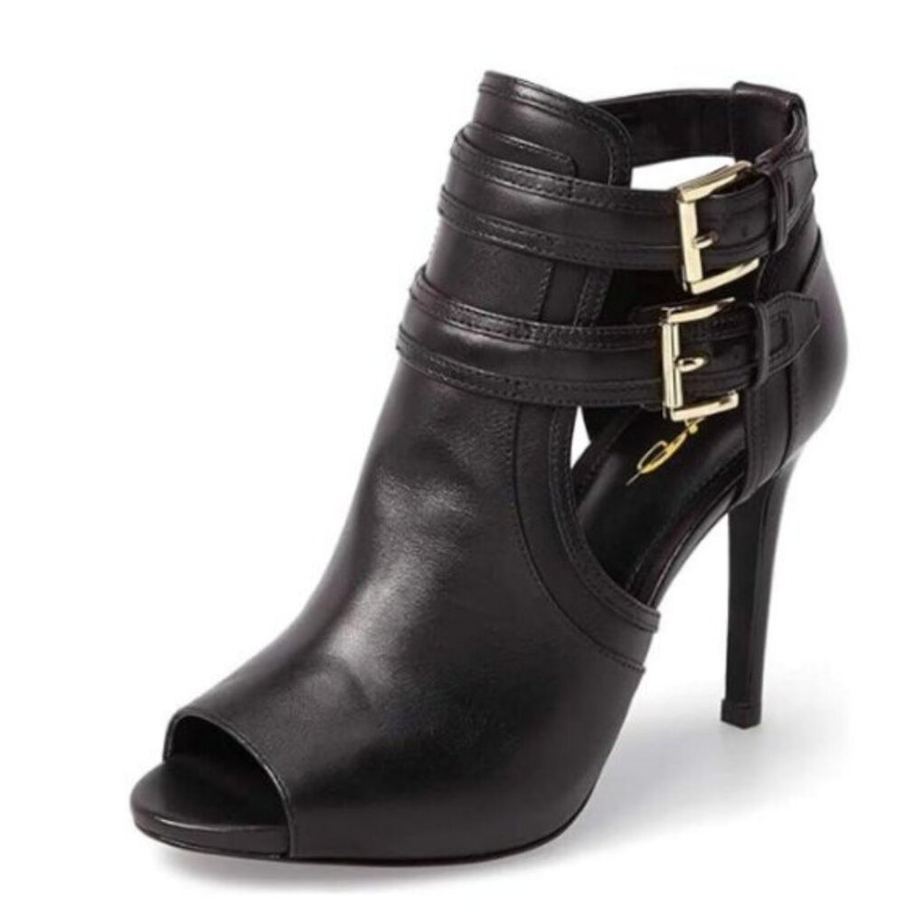 XYD Women Peep Toe Ankle Bootie High Heels Buckled Double Straps Cutout Black